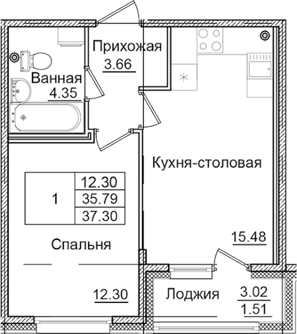 1-комнатная квартира 37.3 м², 2/9 эт., ЖК «Квартал Заречье»